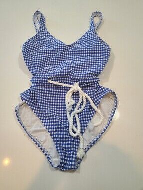 Loft Beach Blue Gingham One-Piece Swimsuit with Rope Belt in Size Medium